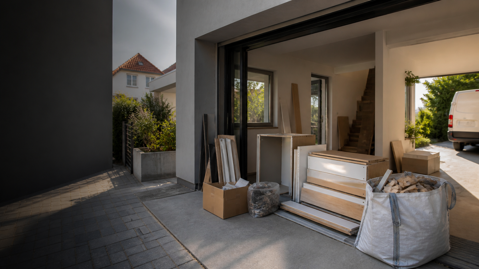 Renovierung mit ausgebauten Möbeln, Material und einem Transporter vor einem Haus