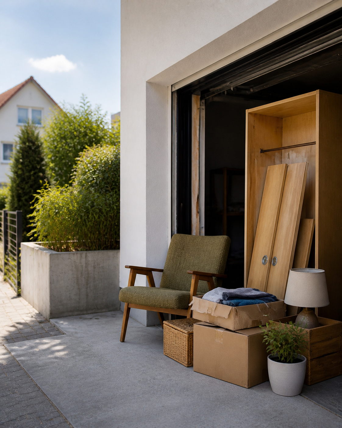 Möbel und Hausrat vor einer Garage